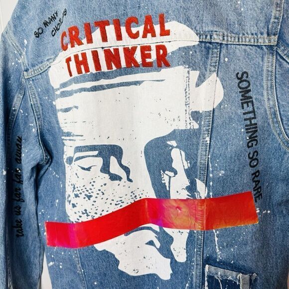 Zara Men’s Sz M Jean Denim Jacket Critical Thinker So Many Choices Just Light - Picture 6 of 16